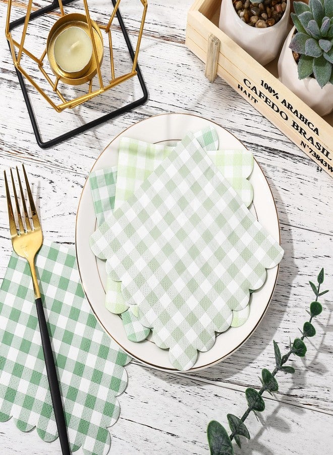 Whaline 100Pcs Sage Green Gingham Napkins Green Scalloped Cocktail Napkins Paper Plaid Beverage Napkin for Summer Picnic Barbecue Wedding One Lucky Duck Birthday Baby & Bridal Shower,5 x 5 Inches - Image 3